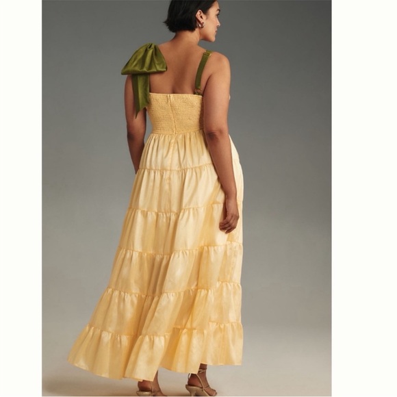 Anthropologie Hutch Scoop Neck Tiered Yellow Maxi Dress Green Bow Women's 3X - Picture 4 of 16